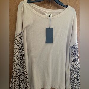 Amoli Women’s Beige Top with Animal Print Sleeves Medium